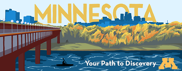 Minnesota: Your Path to Discovery with a bridge over water and trees and a city skyline in the background.