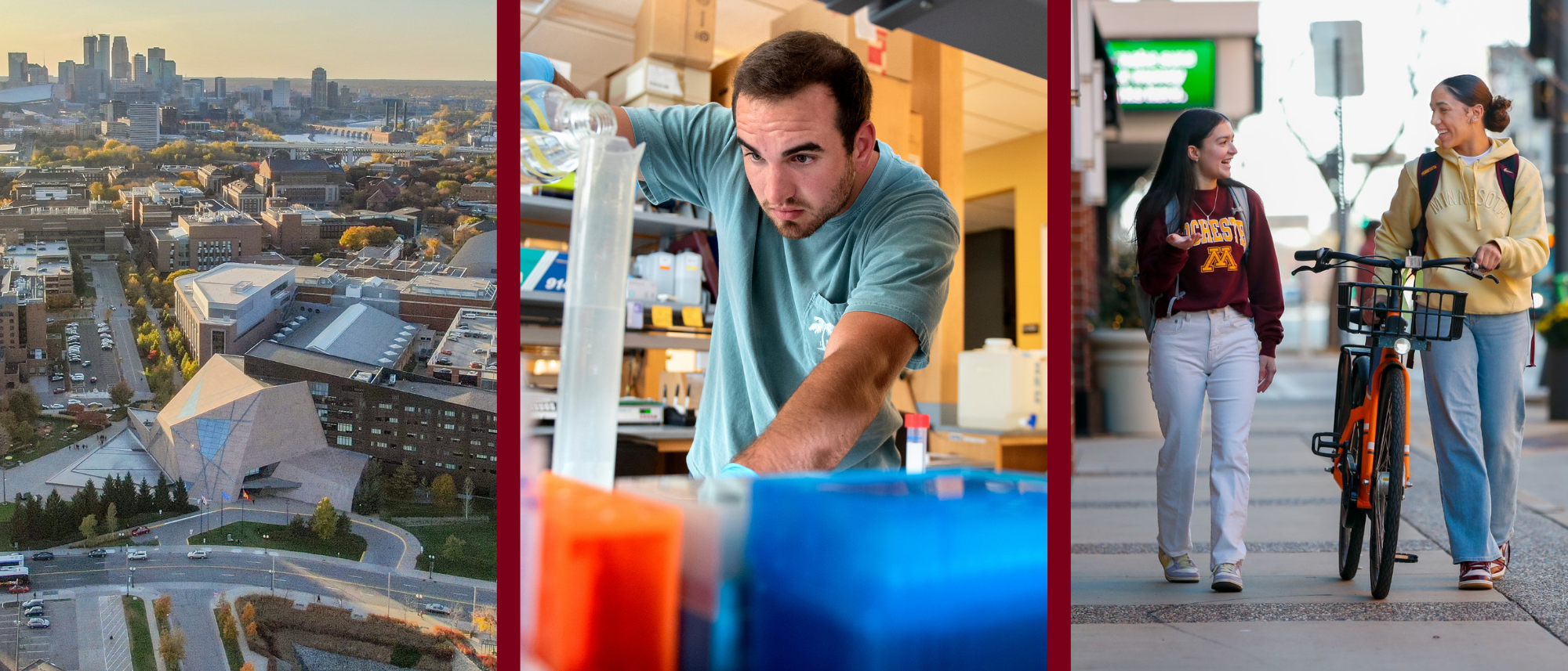 A three-panel triptych showing an aerial city view, a person in a lab, and two people walking a bike.